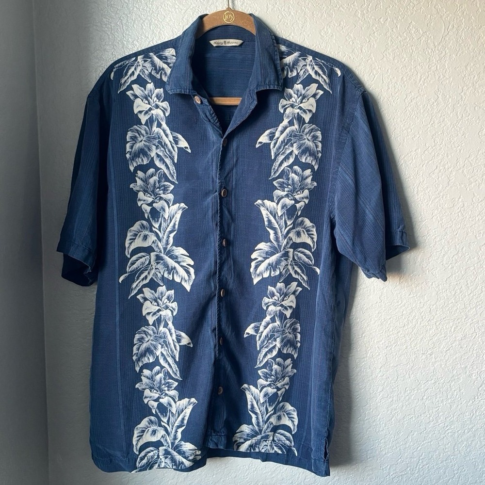 Tommy Bahama Men's Large Tencel Lyocell Hawaiian Blue Floral Short Sleeve Shirt